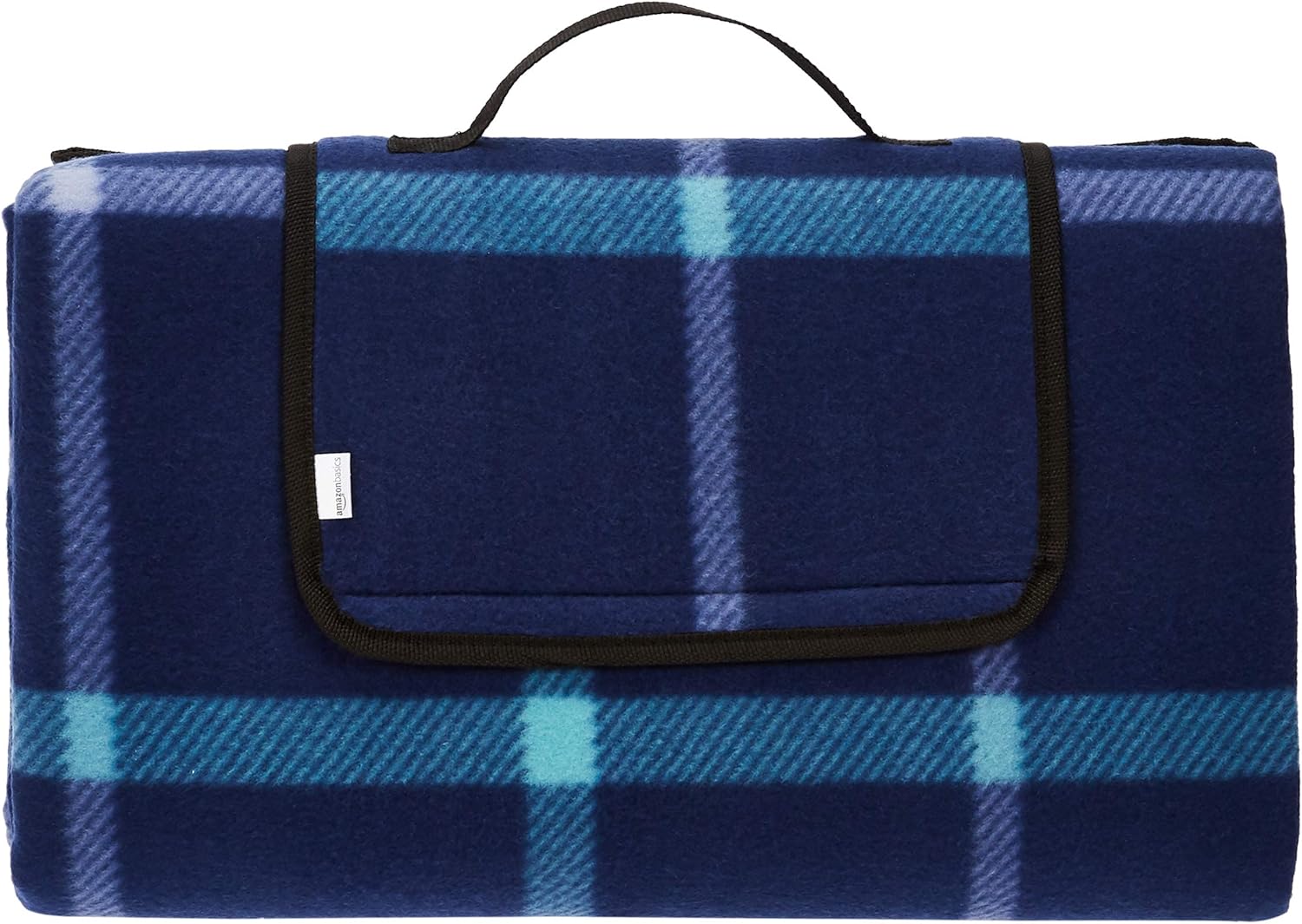 Amazon Basics picnic travel blanket in blue check folded into a compact carry package with black handle and velcro flap