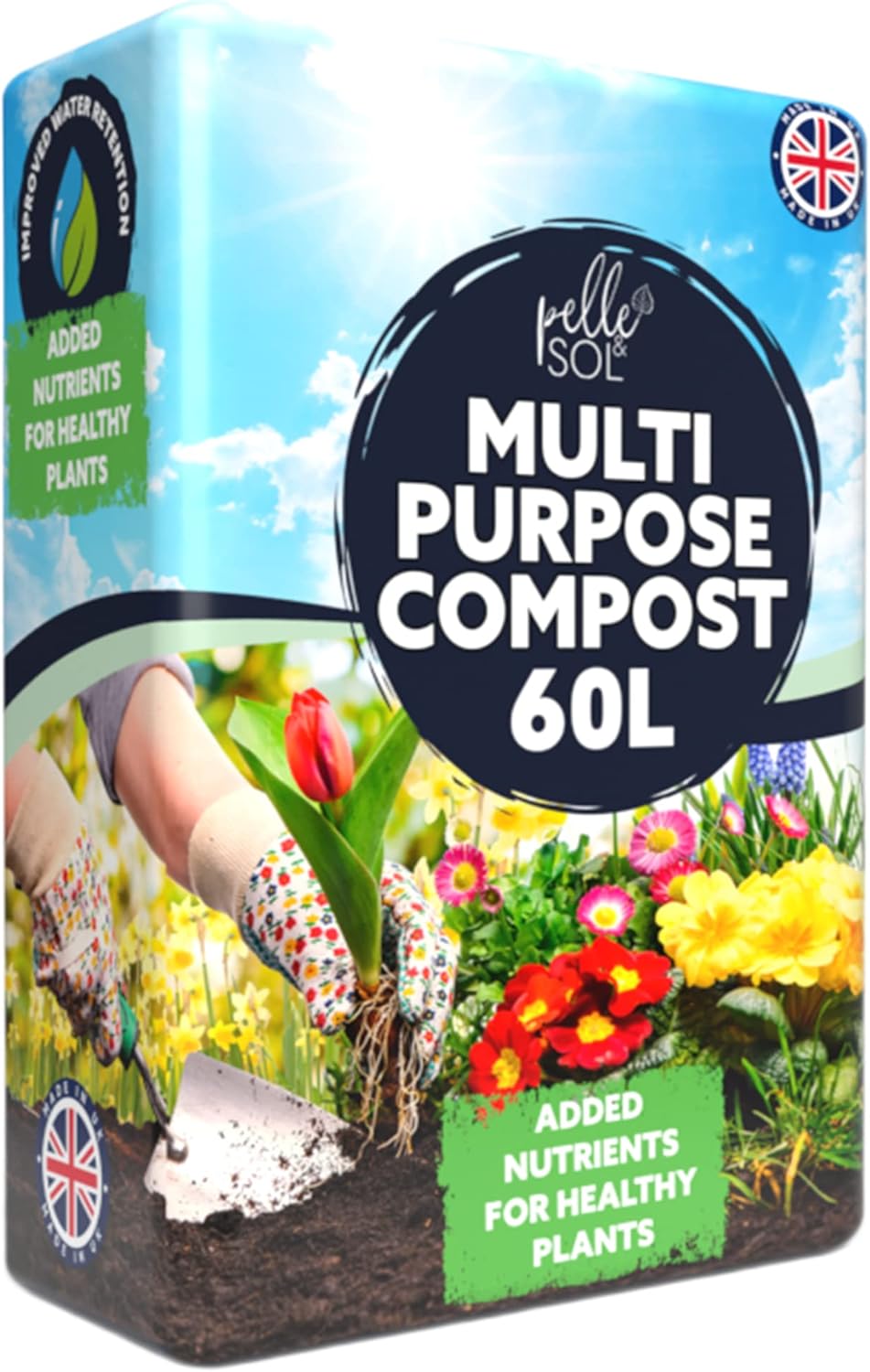 Pelle & Sol 60L Multi Purpose Compost bag with blue background and tulip planting graphic