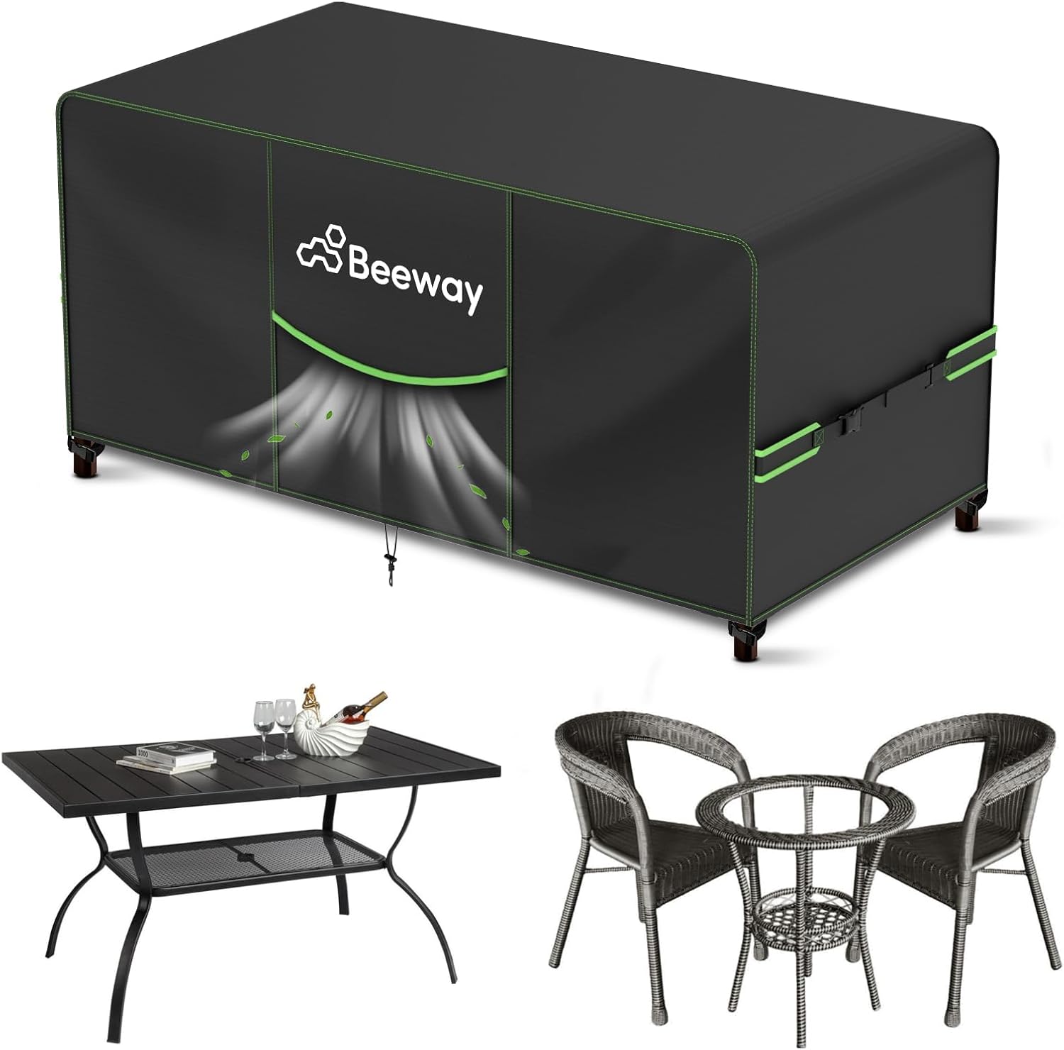 BEEWAY black garden furniture cover with green trim, air vent and side buckle straps shown over a small table, with a rectangular metal table and a rattan bistro set below