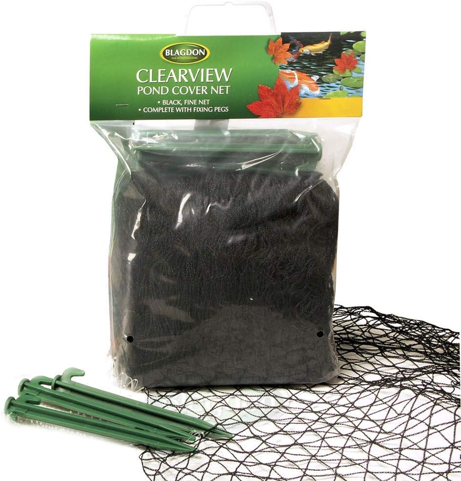 Blagdon Clearview pond cover net in its retail pack with green plastic fixing pegs and a spread of the black diamond mesh