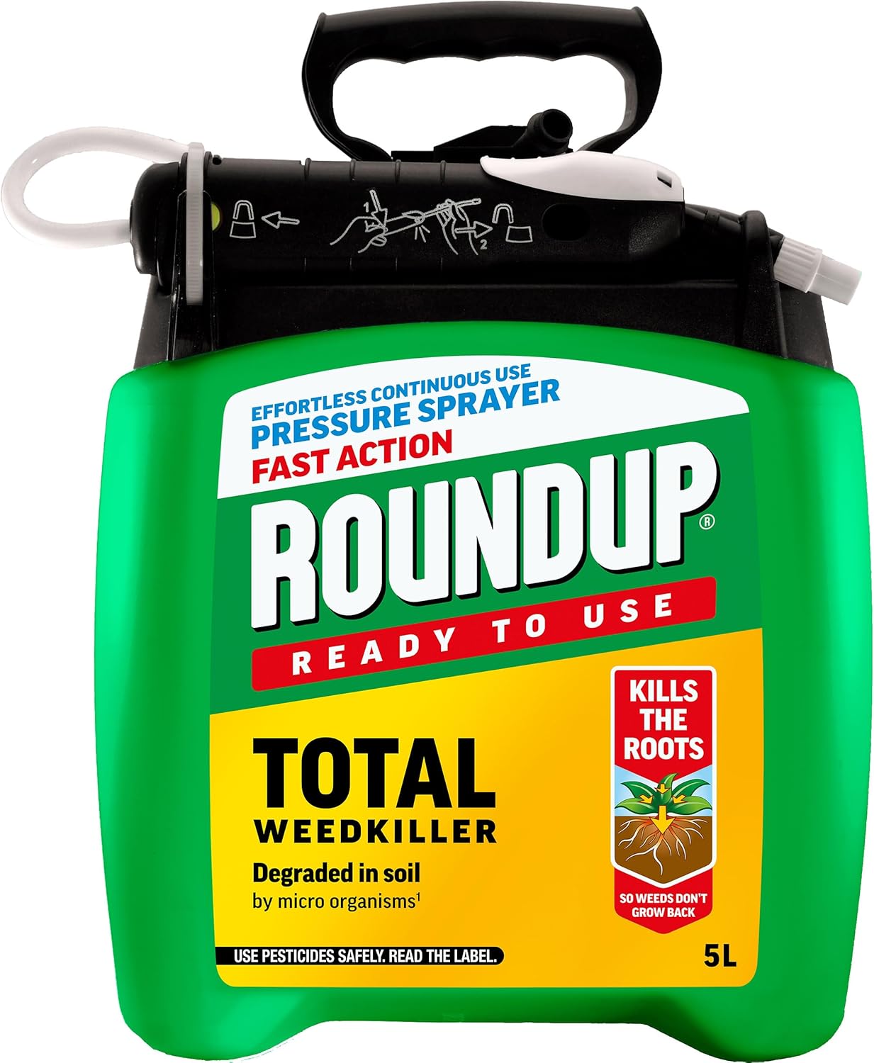 Roundup Fast Action Weedkiller Pump N Go Spray 5L green bottle with extendable lance, ready-to-use glyphosate formula