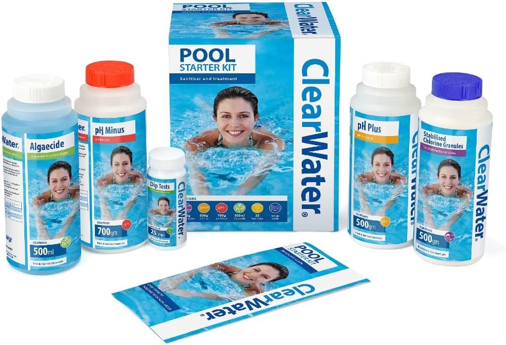 Clearwater Pool Chemical Starter Kit box containing chlorine, pH balancers, algaecide and test strips