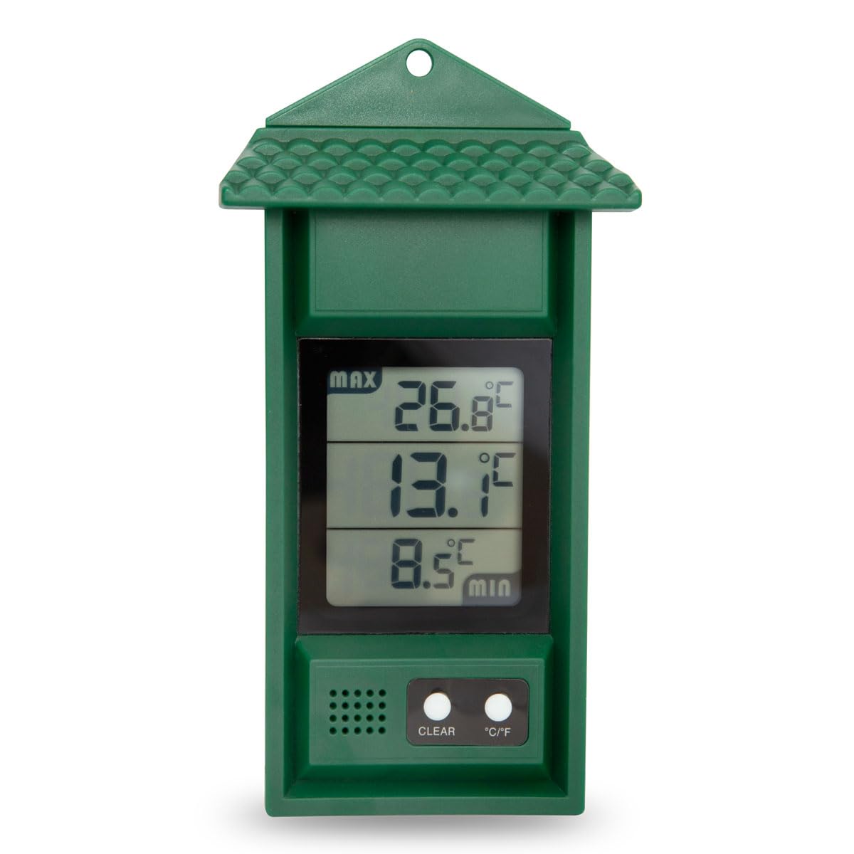 Green house-shaped ETI digital max min thermometer showing a 26.8C maximum, 13.1C current and 8.5C minimum on a three-line LCD