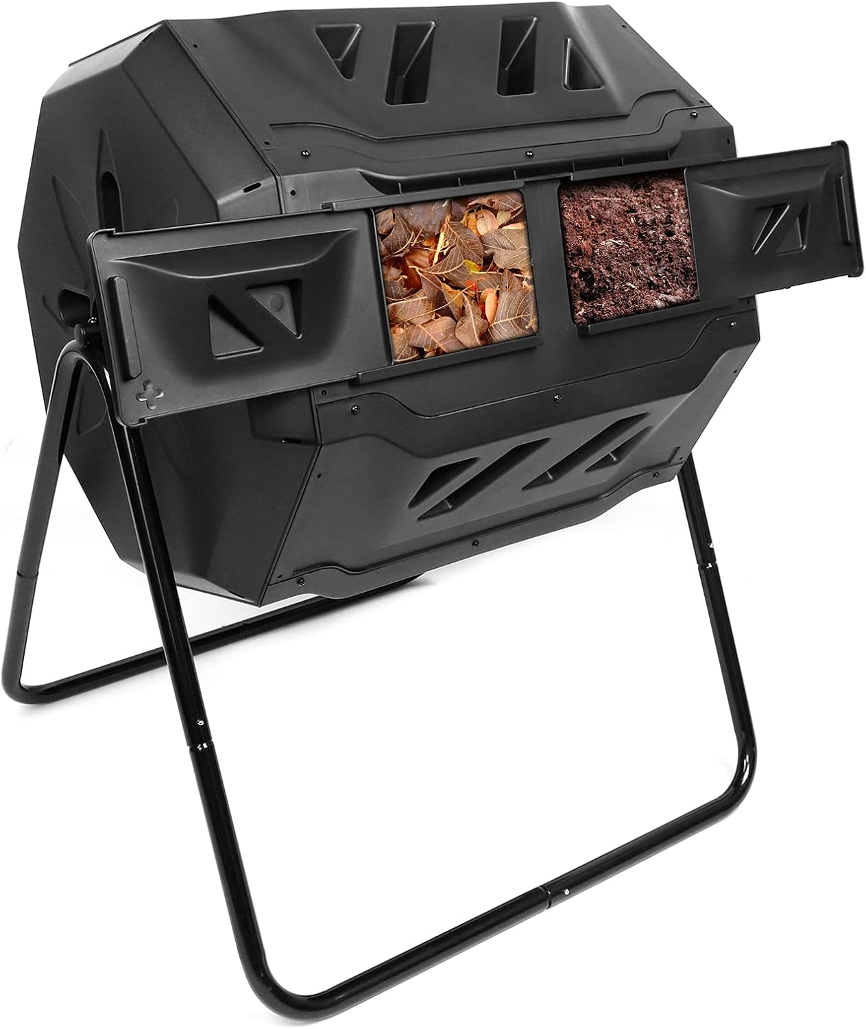 Dripex 160L dual-chamber tumbling compost bin on its black powder-coated steel frame in a garden