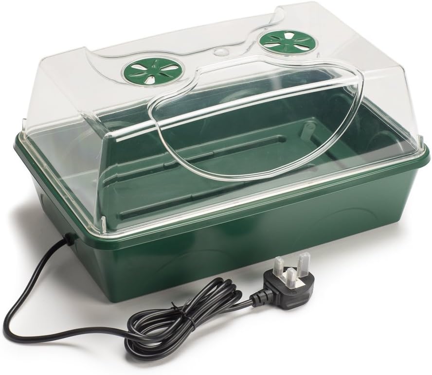 EarlyGrow heated propagator with a clear vented lid, green base and UK three-pin plug on a white background