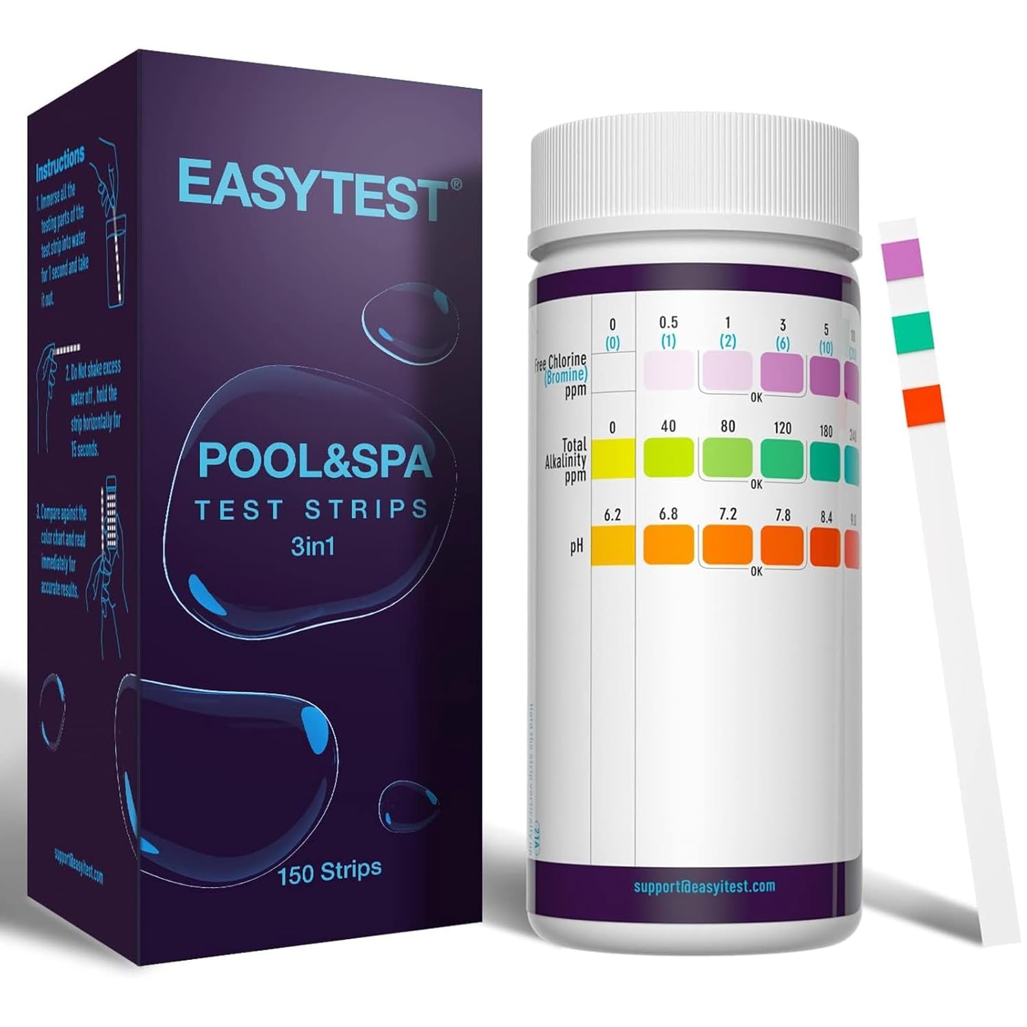 EASYTEST hot tub test strips bottle of 150 3-in-1 pool and spa water test strips