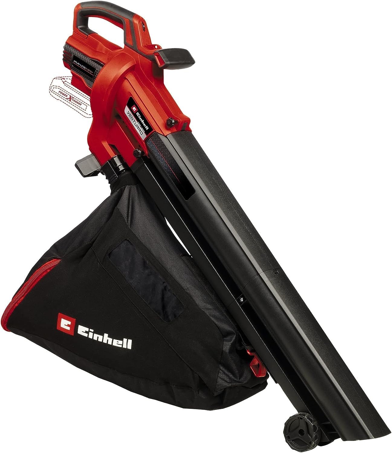 Einhell VENTURRO 18/210 cordless leaf blower and vacuum with the 45 litre collection sack fitted and a guide wheel at the end of the suction tube