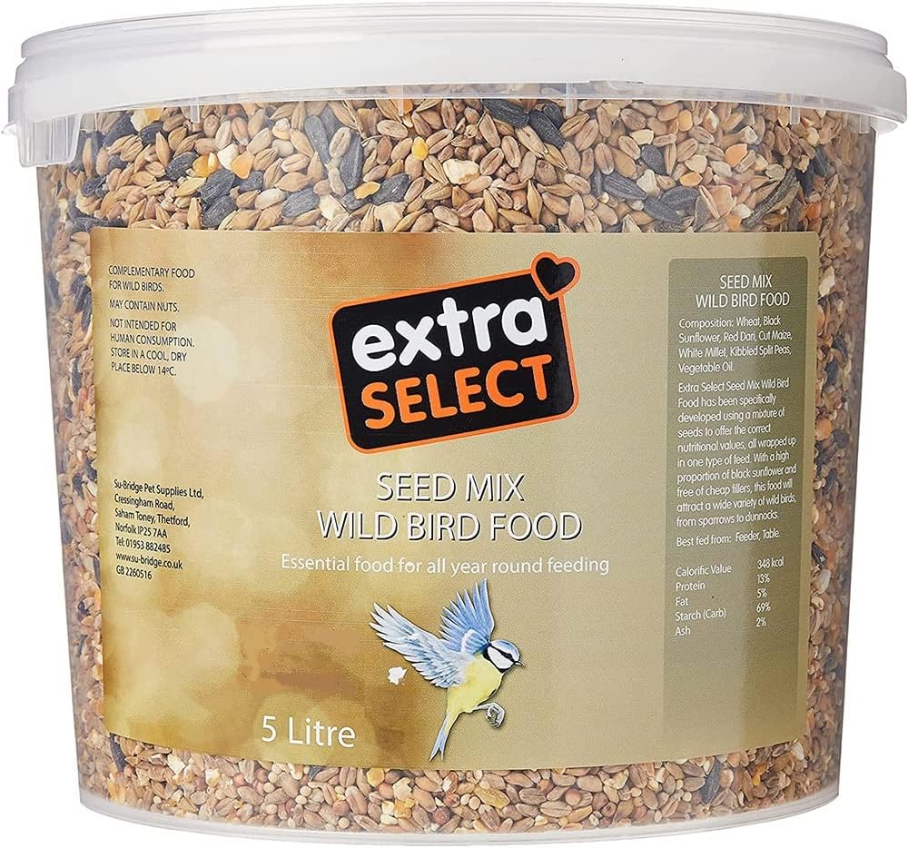 Extra Select Wild Bird Food 5 litre plastic tub on a garden table