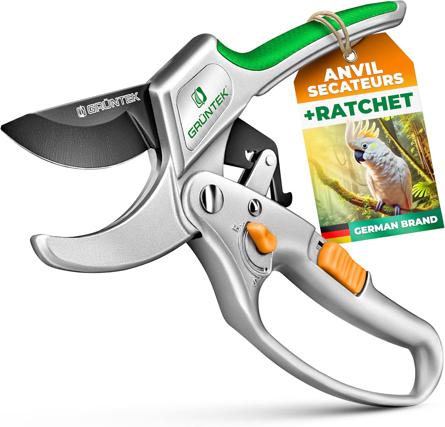 GRUNTEK Kakadu ratchet secateurs with orange soft-touch handles and SK5 steel blade