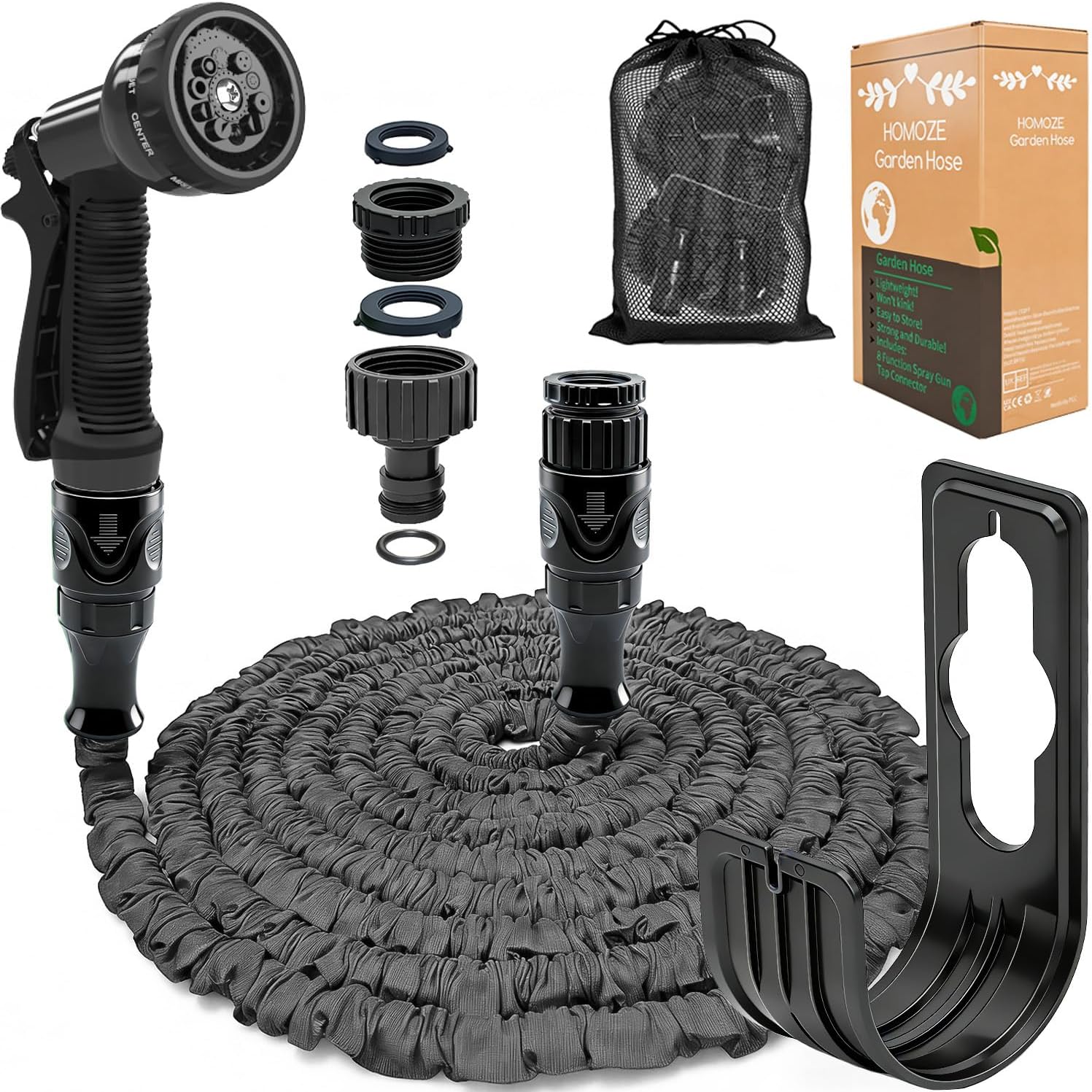 HOMOZE 50ft expandable garden hose with green outer fabric and 10-function spray gun coiled on a UK patio