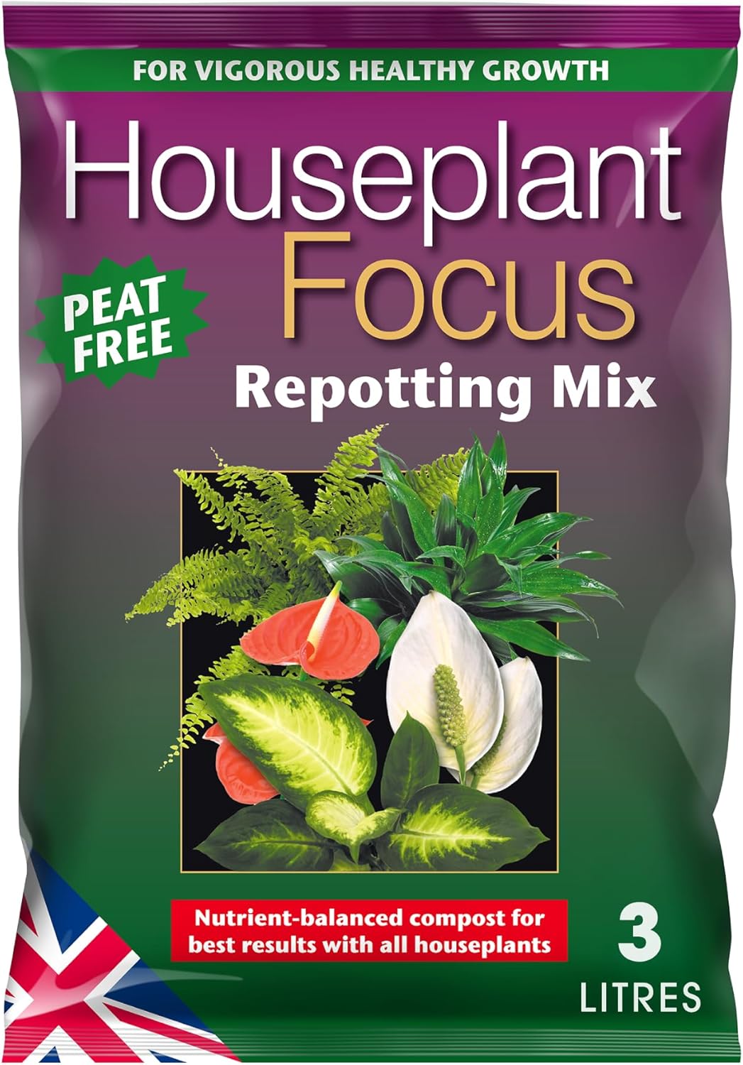 Houseplant Focus Repotting Mix 3 litre purple bag with peat free badge from Growth Technology