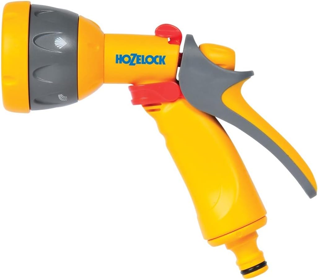 Hozelock Multi-Jet Spray Gun with five spray patterns including cone, jet, fast fill and fine rose, shown against a clean background