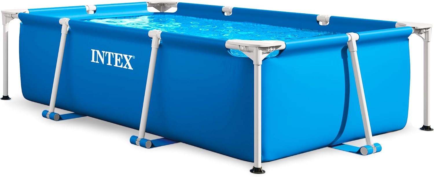 Intex 28270 blue rectangular frame pool 220 x 150 x 60 cm set up in a garden