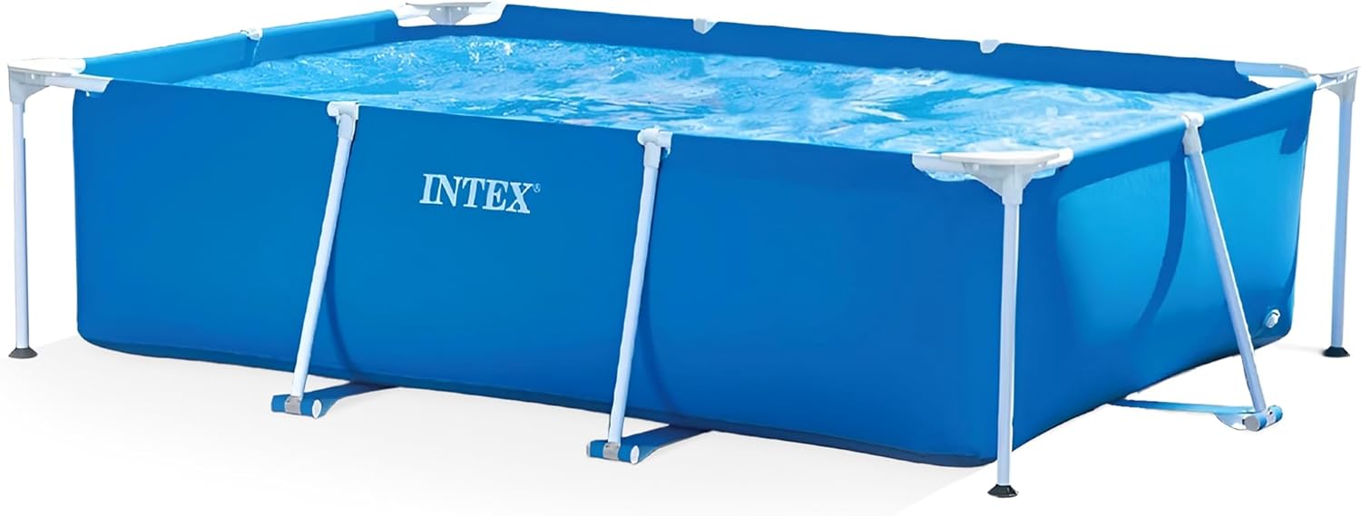 Intex blue rectangular metal frame above ground pool set up in a UK garden