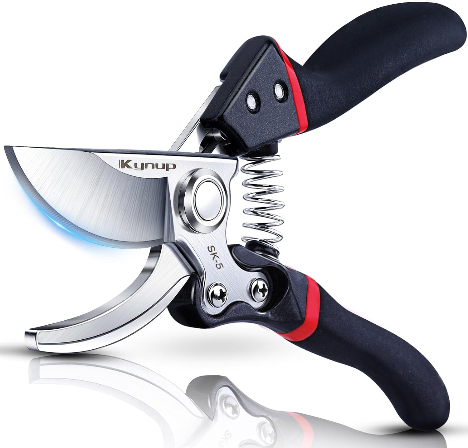 Kynup garden secateurs with SK-5 steel bypass blade and black anti-slip handles with red trim