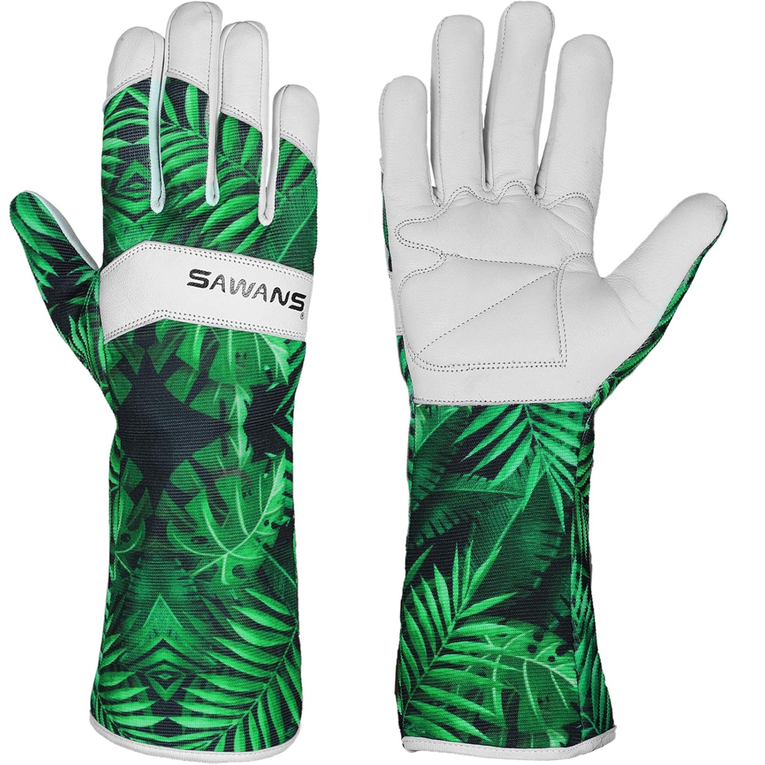 SAWANS long gardening gloves shown back and palm, white goatskin palm and fingers with green leaf-print stretch back and long gauntlet cuff