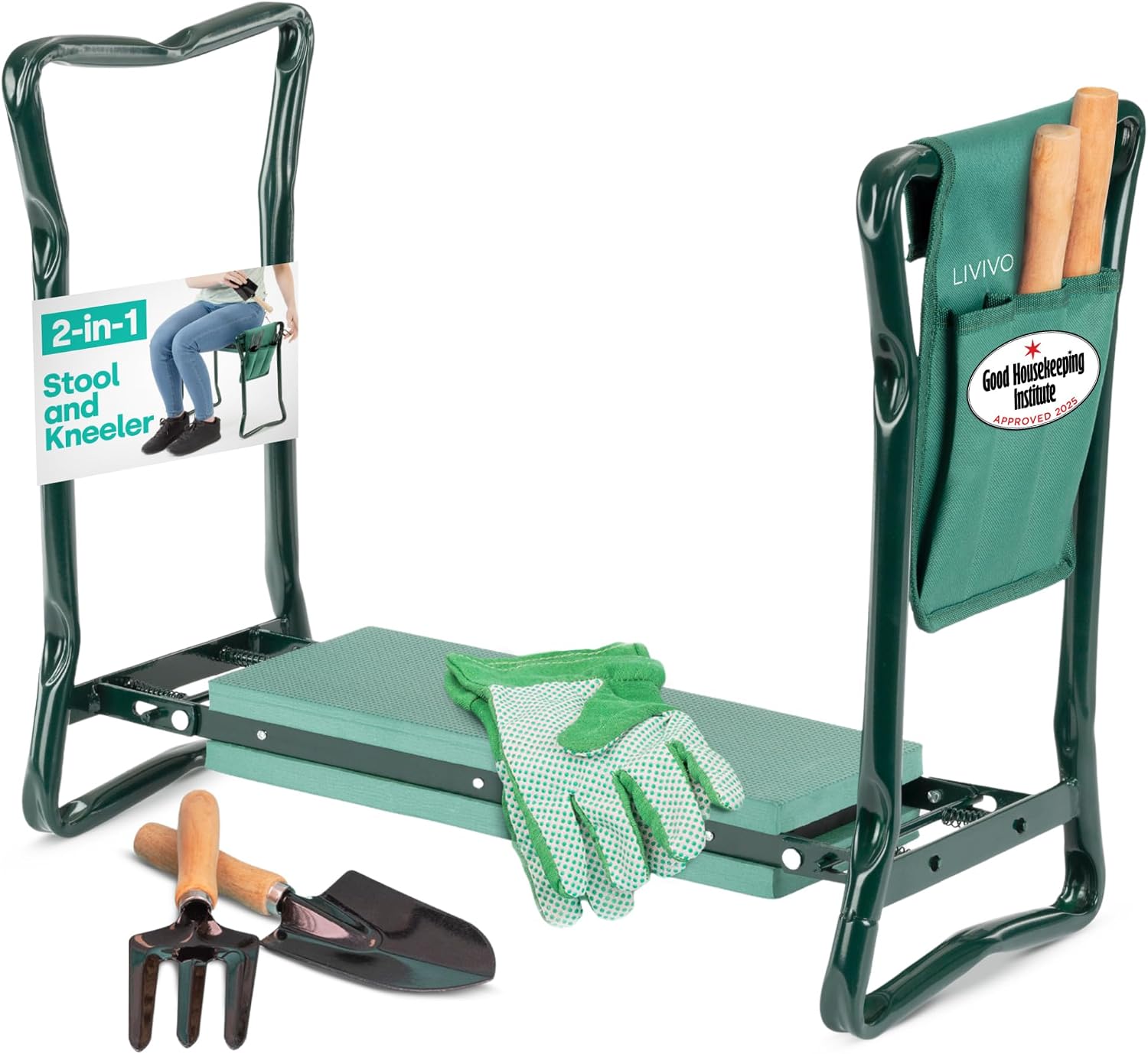 LIVIVO 2-in-1 garden kneeler seat with pull-up handles, green foam pad and three-pocket tool bag