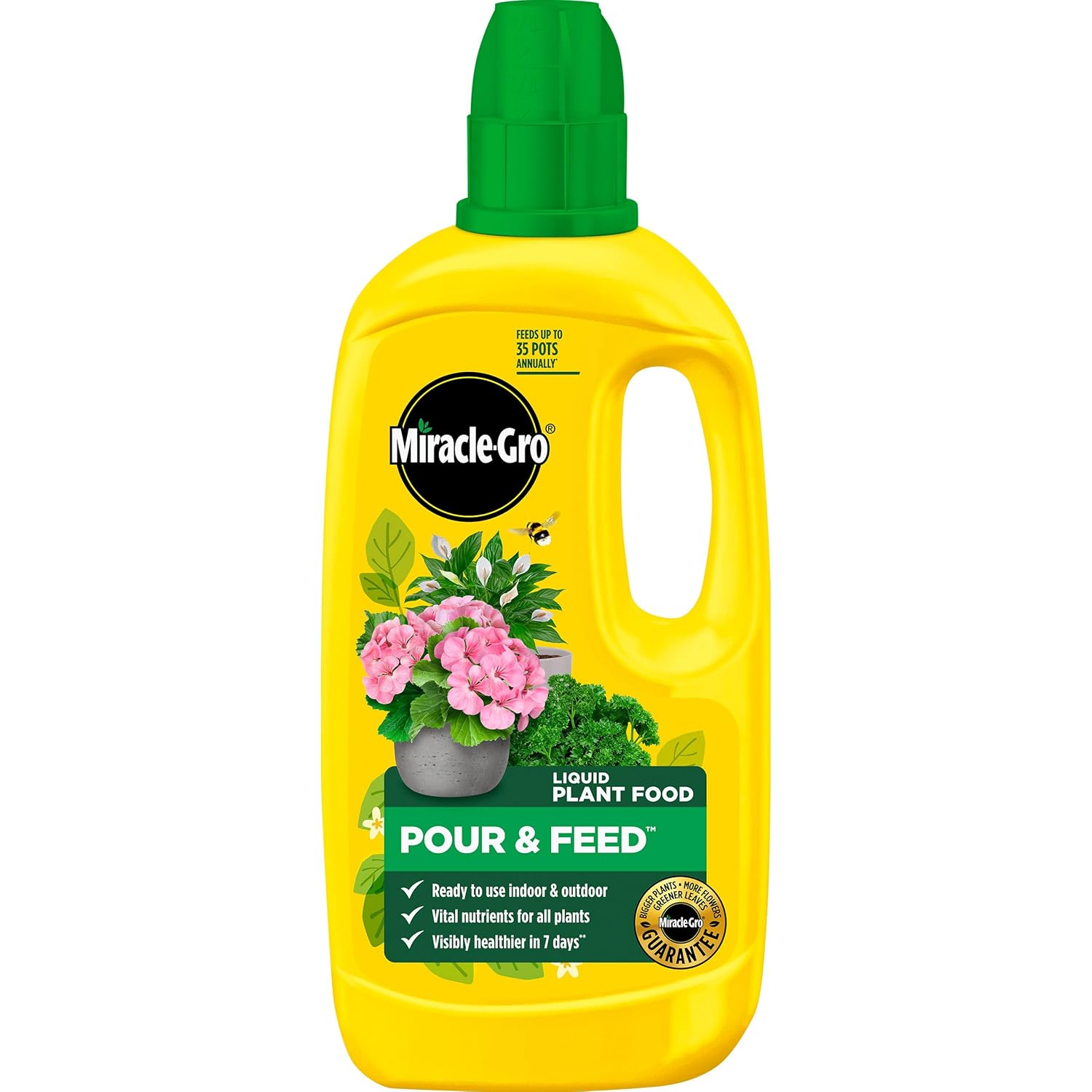 Miracle-Gro Pour and Feed Liquid Plant Food 1L bottle front view with yellow label and green cap