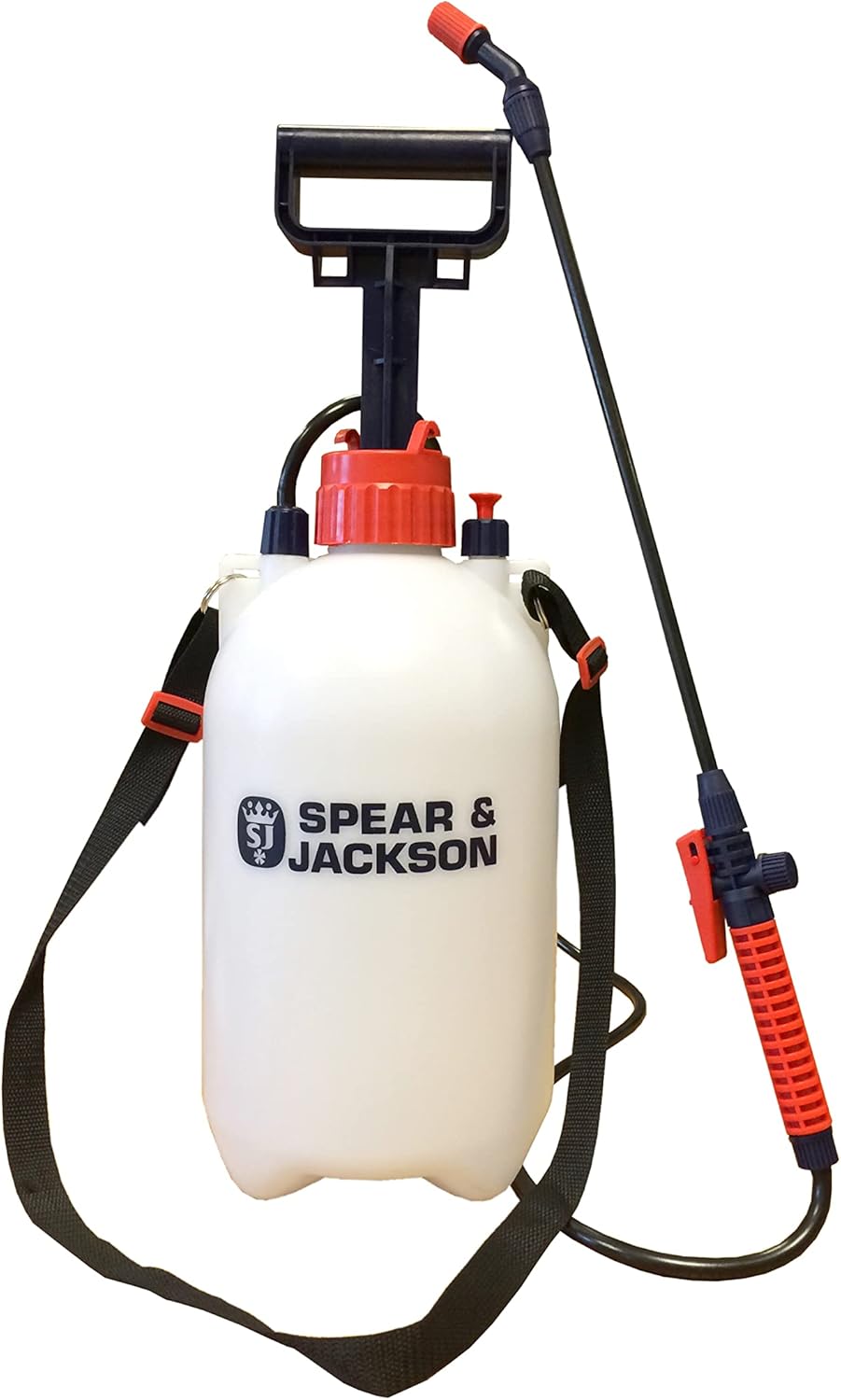 Spear & Jackson 5LPAPS 5 Litre Pump Action Pressure Sprayer shown with white translucent bottle, red pressure cap, extended spray lance and black carry strap