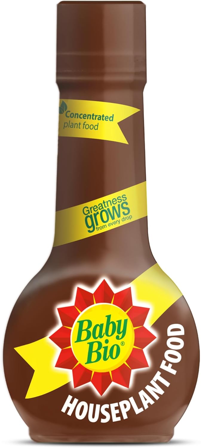 Baby Bio Houseplant Food 175ml bottle with brown plastic body, red sunburst logo, and yellow HOUSEPLANT FOOD label
