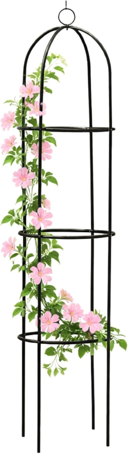 Black round metal garden obelisk with pink climbing flowers spiralling up the domed steel frame