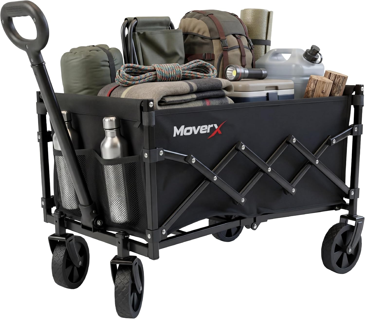 MoverX 70L black folding festival trolley loaded with a sleeping bag, camping chair, backpack, cool box and water carrier