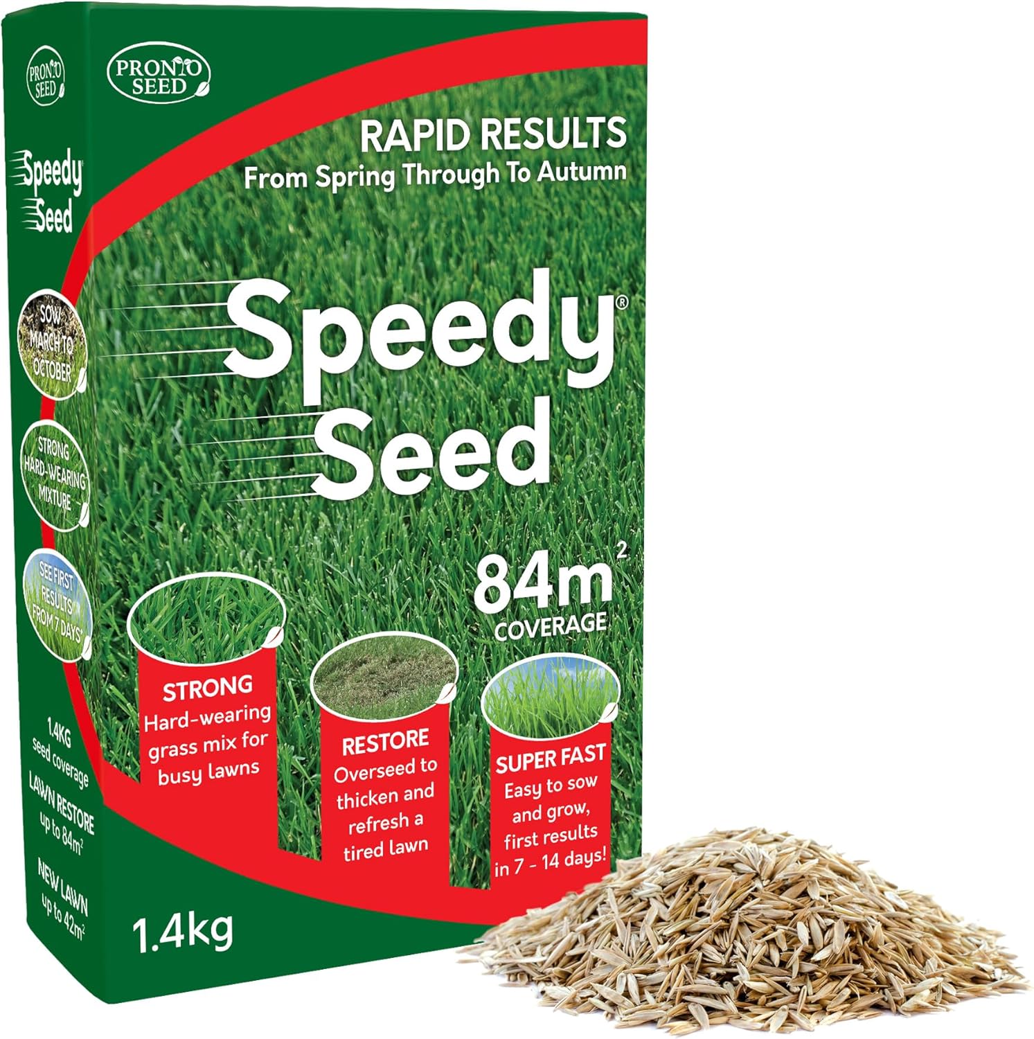 Pronto Seed Premium Grass Seed 1.4kg box, front of packaging showing product branding