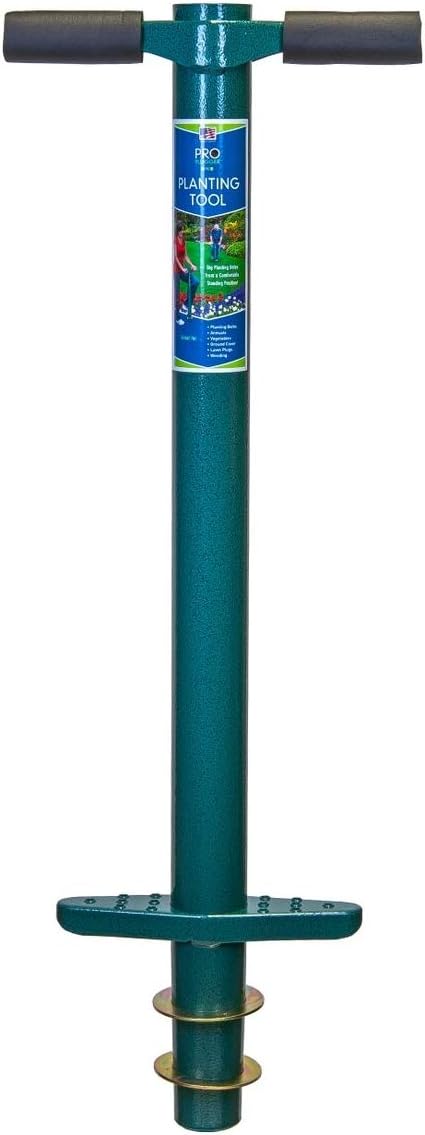 ProPlugger 5-in-1 long handled bulb planter standing upright, showing the T-bar handle, welded foot plate and two brass depth rings on the barrel