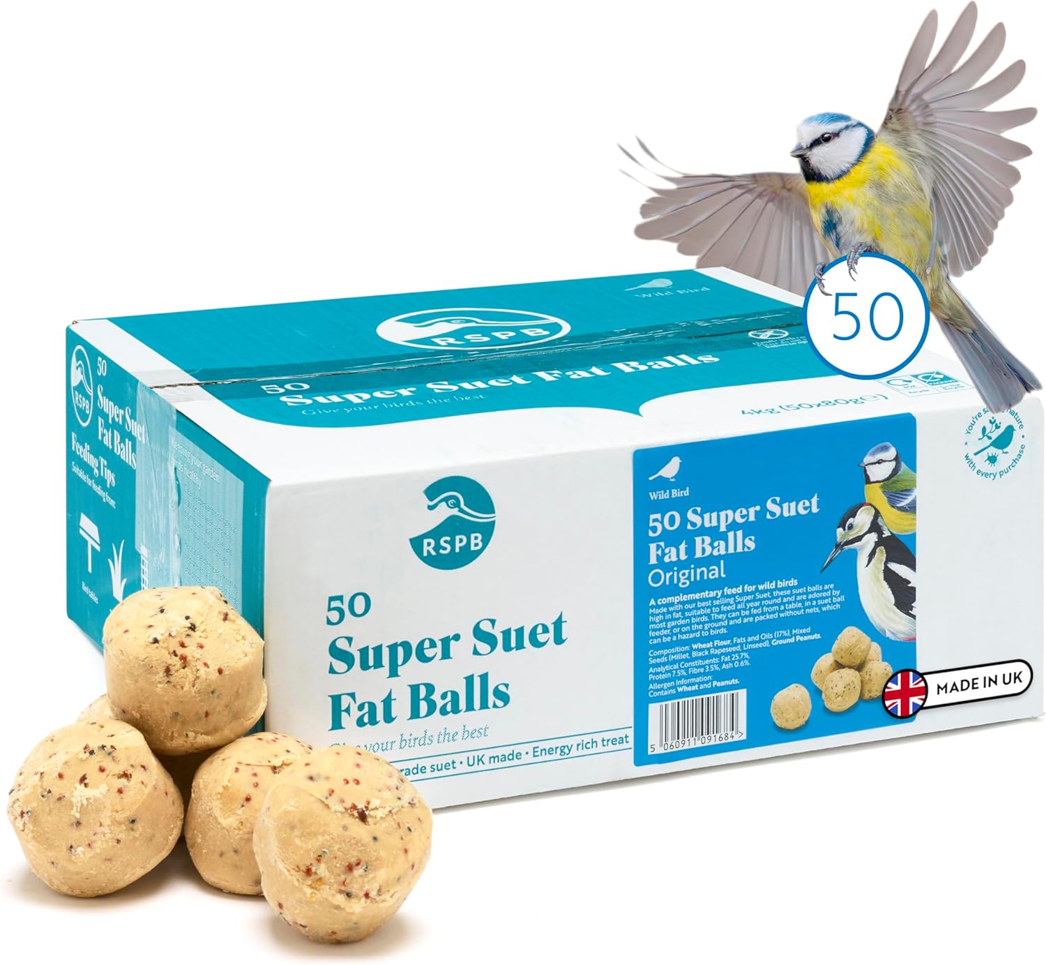 RSPB Super Suet Fat Balls box of 50 with loose seeded suet balls in front and a blue tit landing on the 4kg box