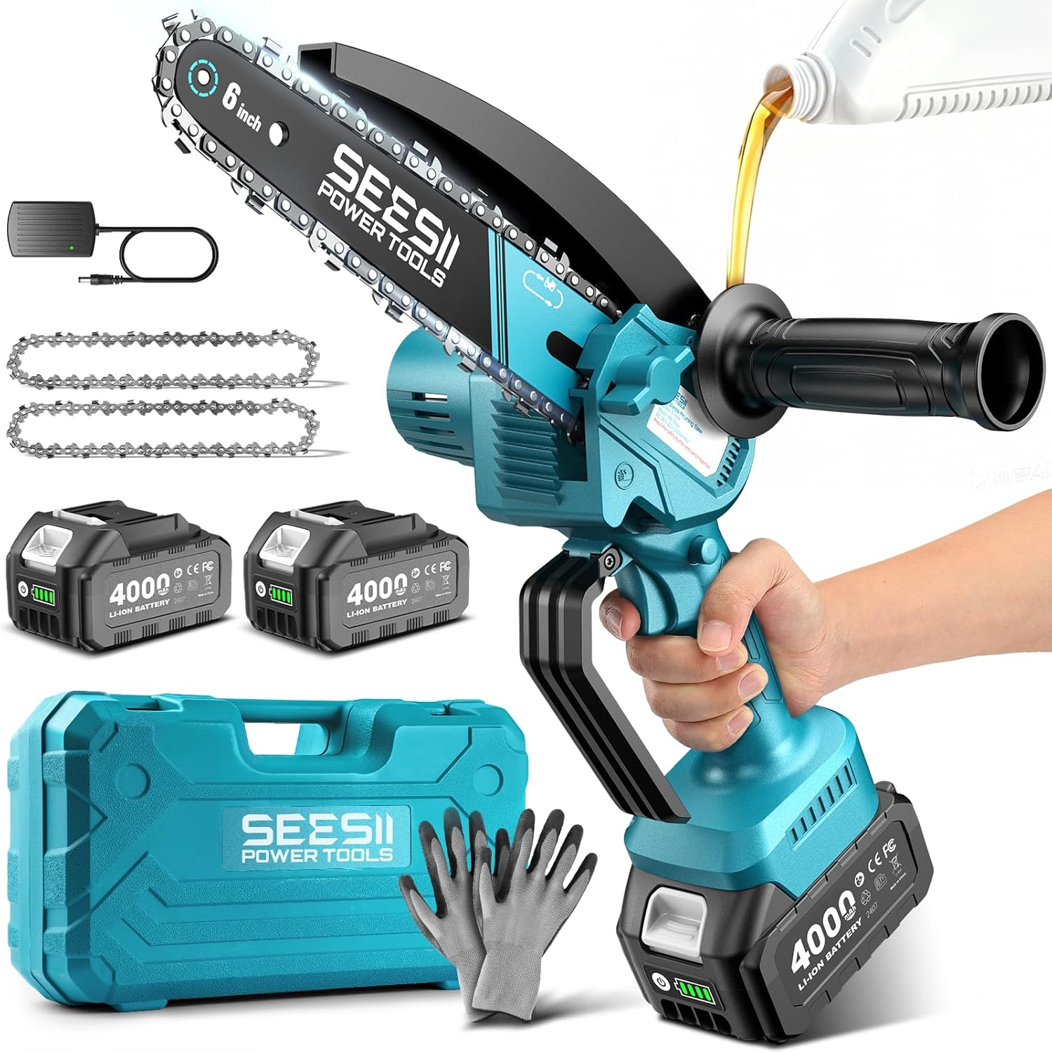 Blue Seesii cordless mini chainsaw with 6-inch bar resting on freshly cut logs in a garden