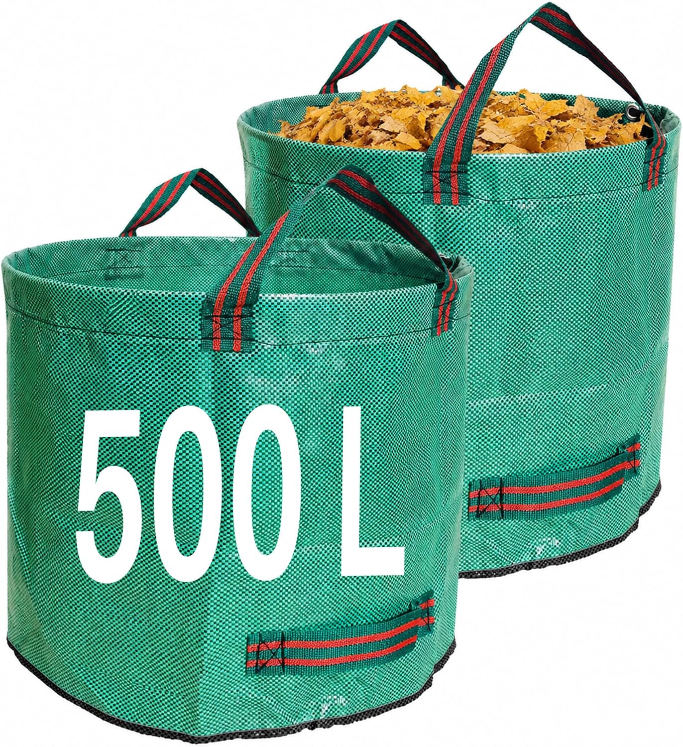 Two green Singwow 500L woven garden waste bags, one filled with dry autumn leaves