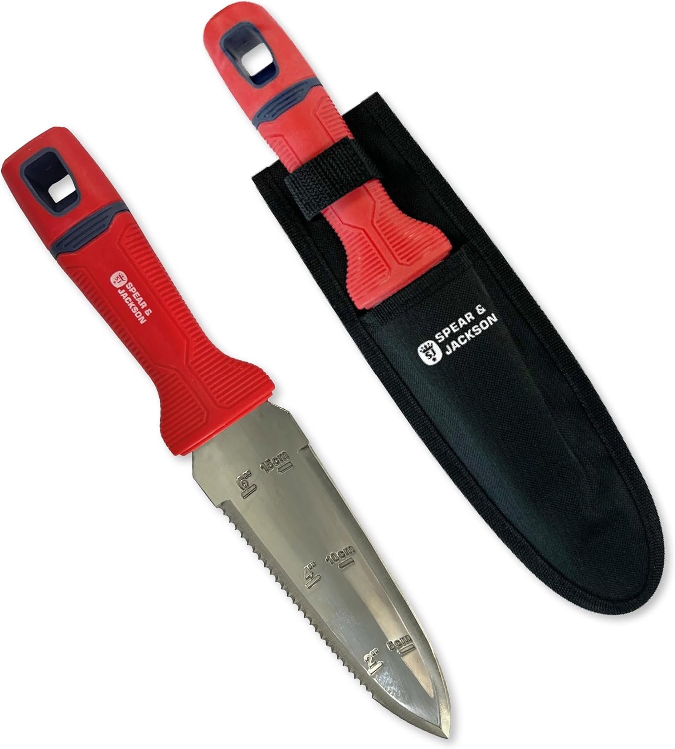 Spear and Jackson 4151HH hori hori knife with red handle shown beside its black holster, blade stamped with 5cm, 10cm and 15cm depth markings