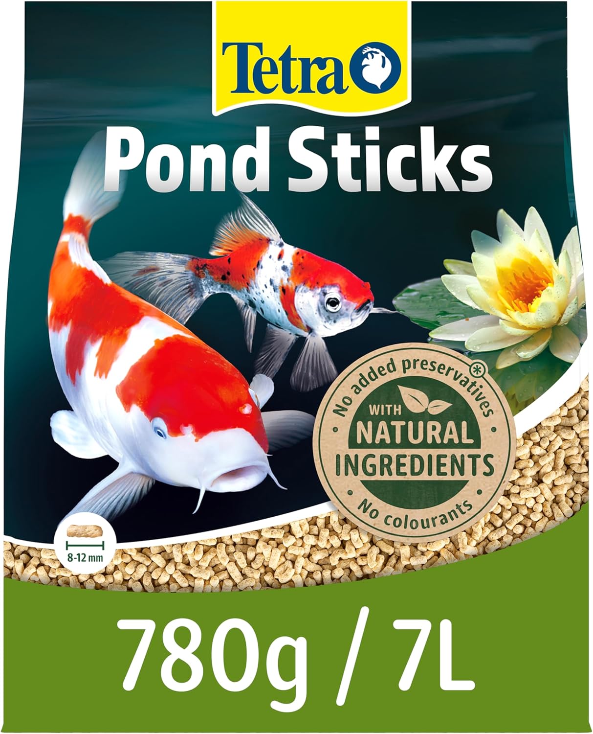 Tetra Pond Sticks 780g 7 litre bag with koi and goldfish artwork and the natural ingredients no colourants roundel