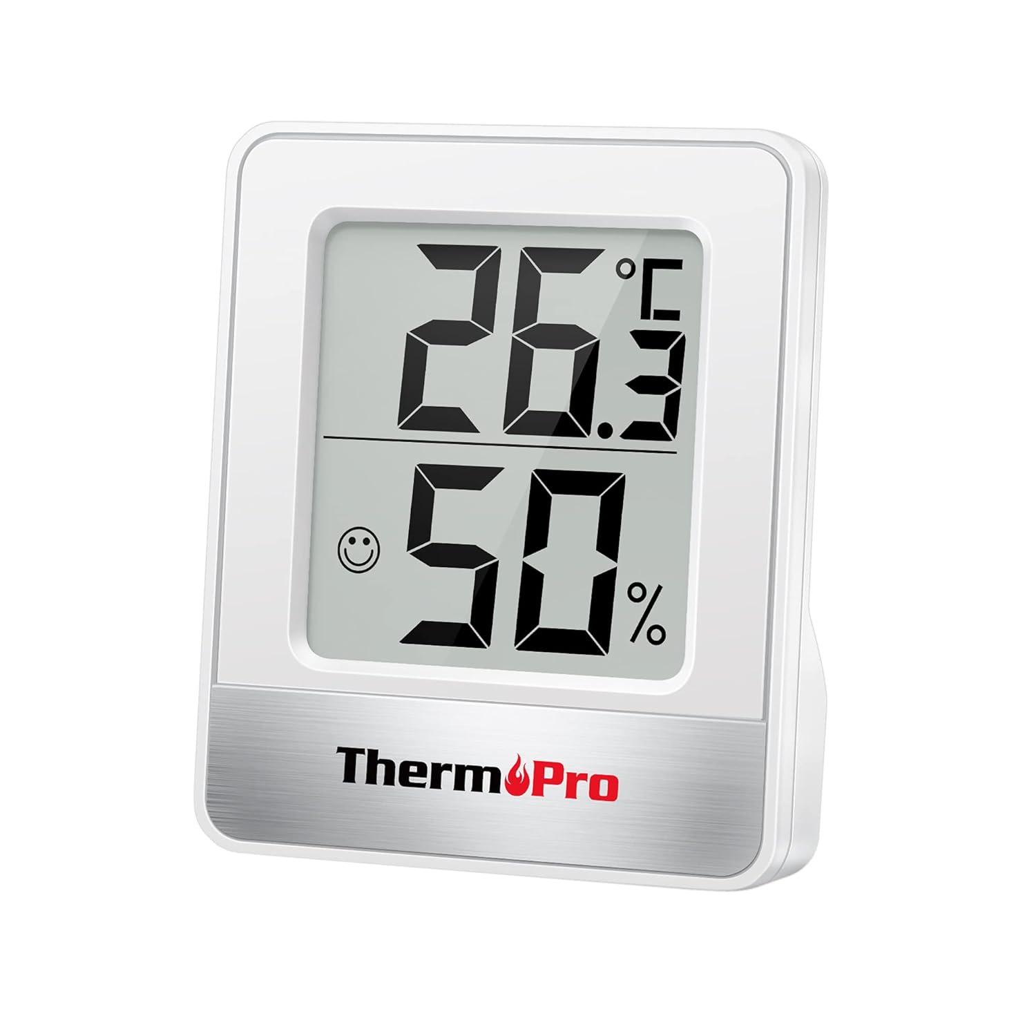 ThermoPro TP49 small digital hygrometer showing temperature and humidity on its LCD screen