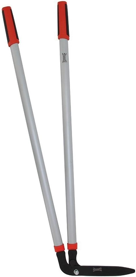 Wilkinson Sword long handled edging shears with silver tubular shafts, red soft grips and an angled black cutting head
