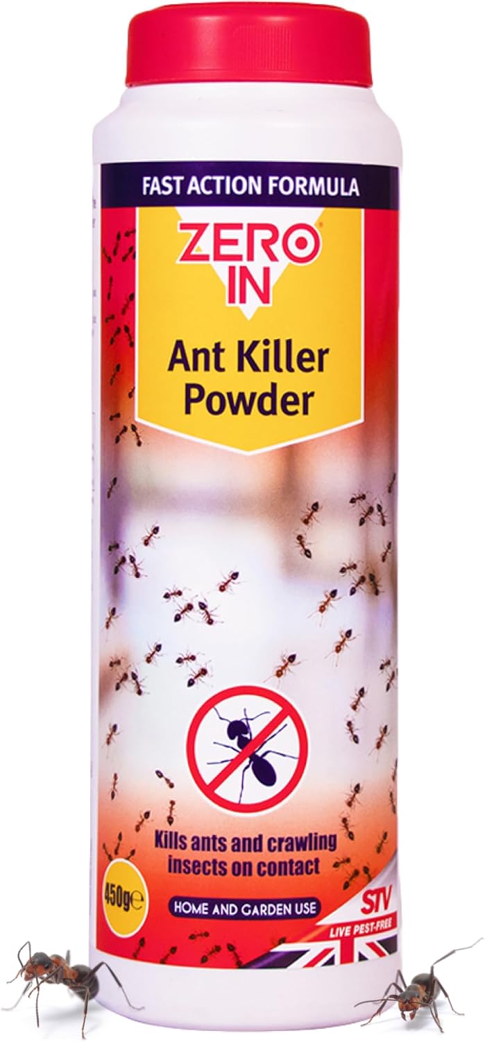 Zero In Ant Killer Powder 450g tub on a patio slab with ant trail nearby