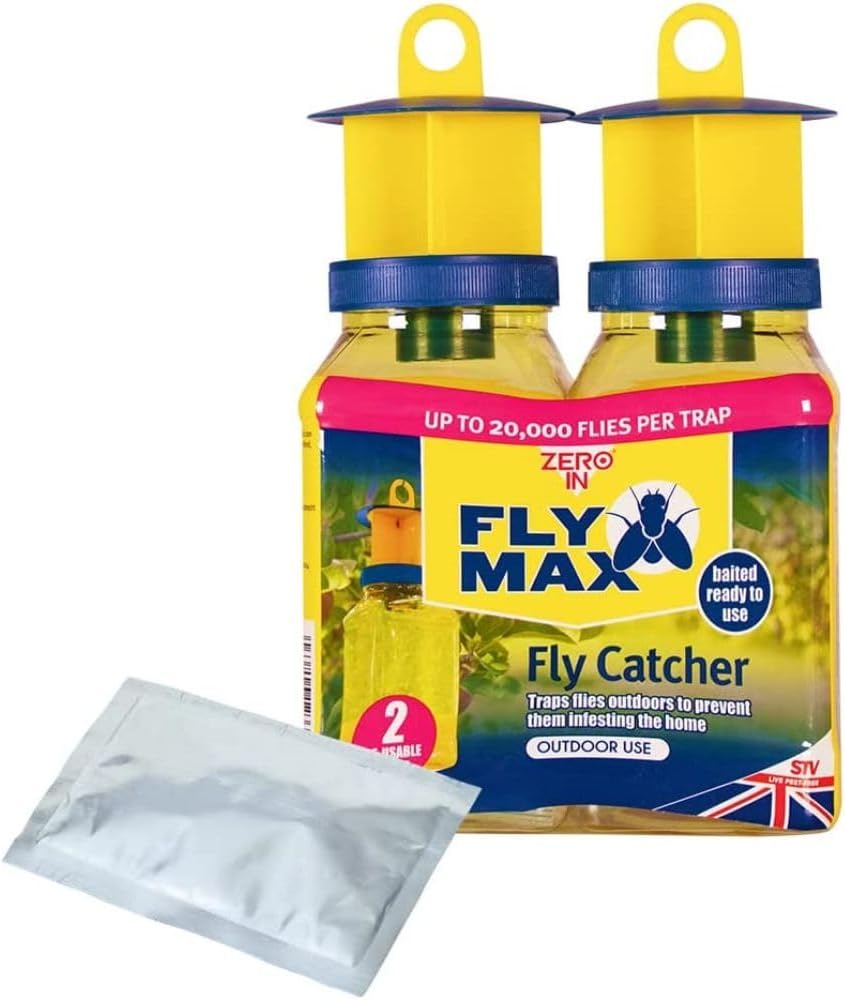 Zero In Outdoor Fly Trap ready-baited fly catcher hanging in a UK garden with flies inside the bottle