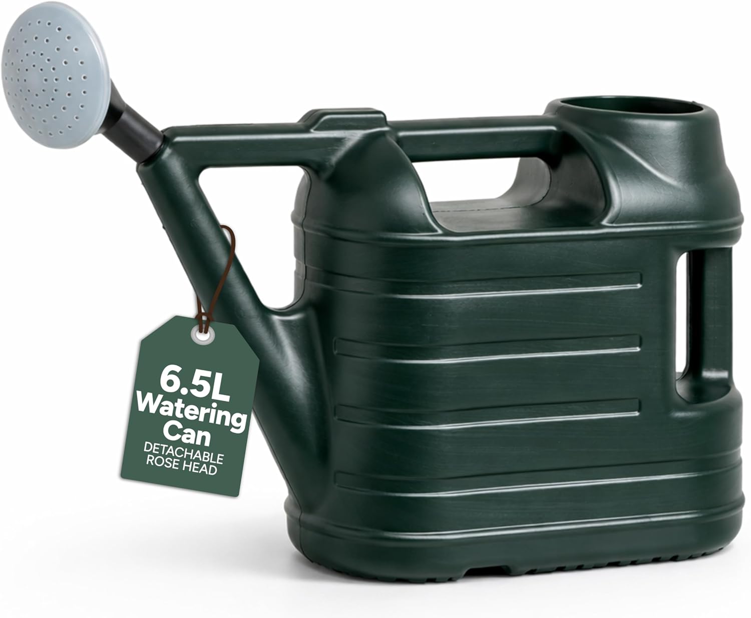 Green Zuvo 6.5 litre plastic watering can with white detachable rose head and dual handles