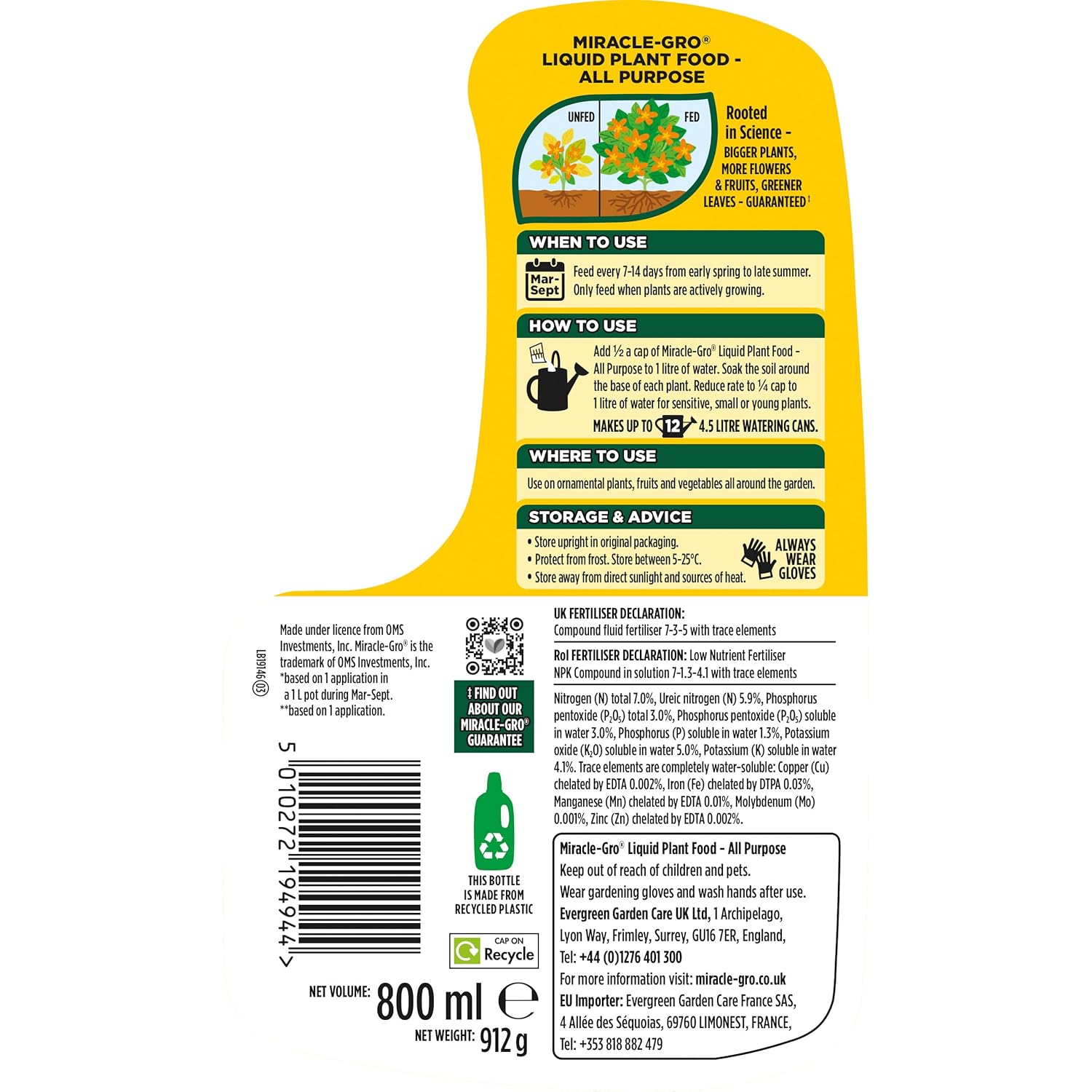 Back label of Miracle-Gro liquid plant food bottle showing when, how and where to use instructions along with the NPK 7-3-5 fertiliser declaration