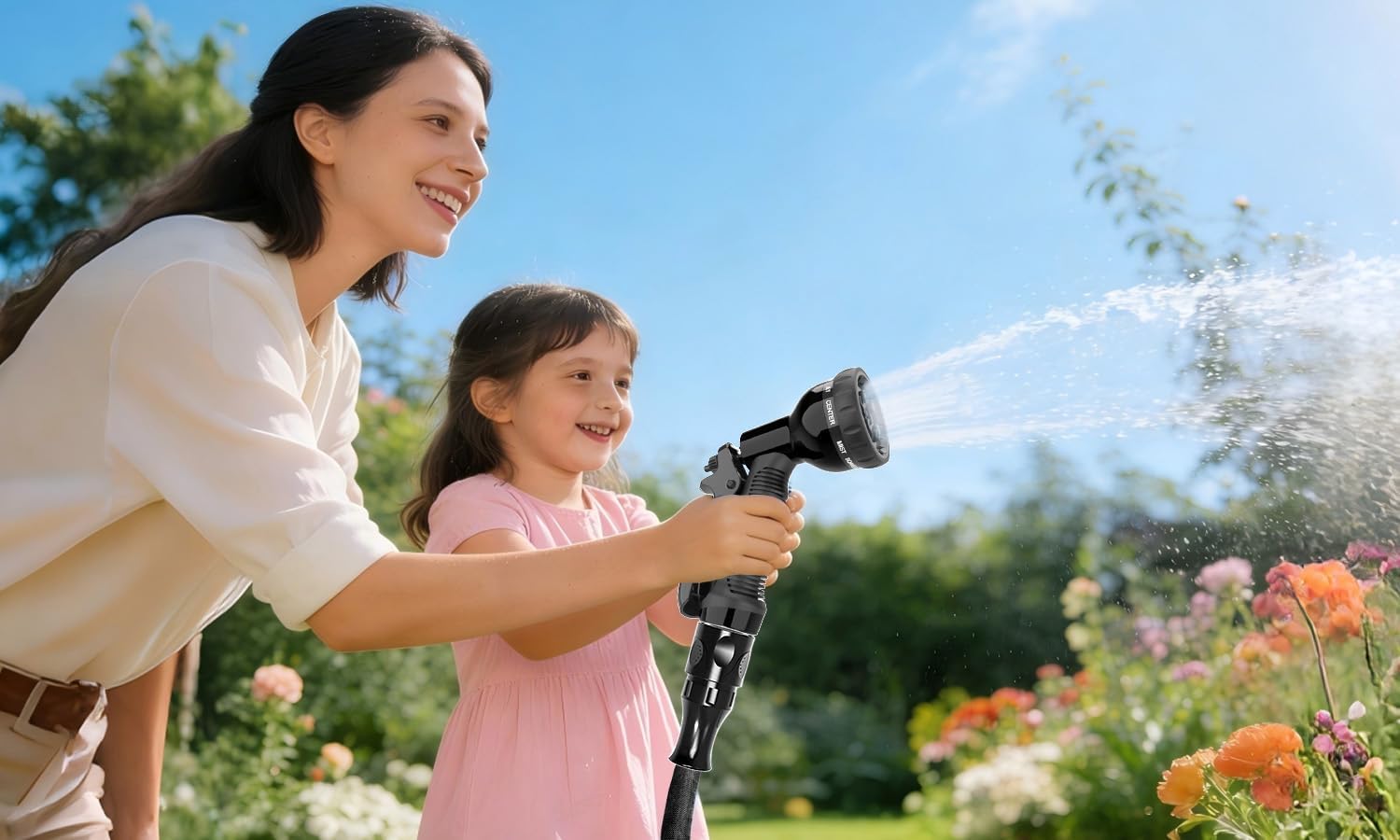 Detail of the HOMOZE expandable hose pipe construction showing the green polyester outer fabric