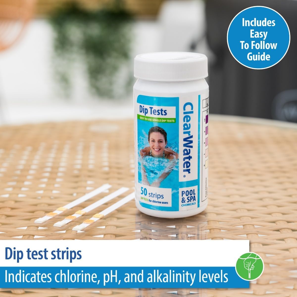 Close-up detail of Clearwater 3-in-1 test strips and their reagent pads