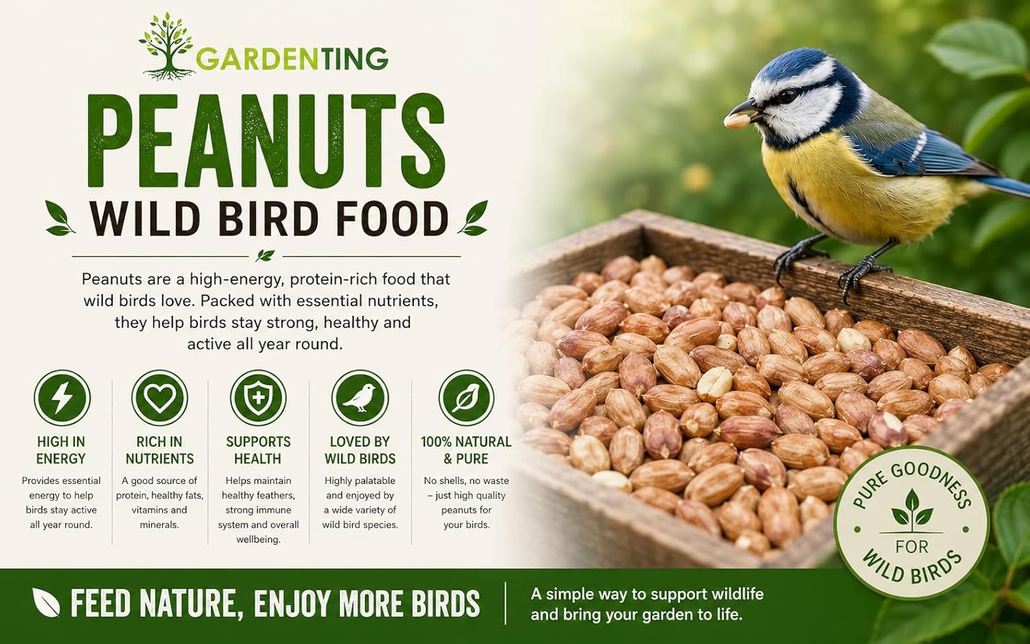 Detail view of the Garden Ting wild bird food tub label