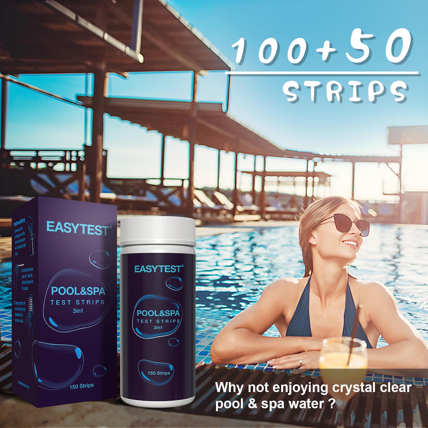 Detail view of EASYTEST hot tub and pool test strips packaging
