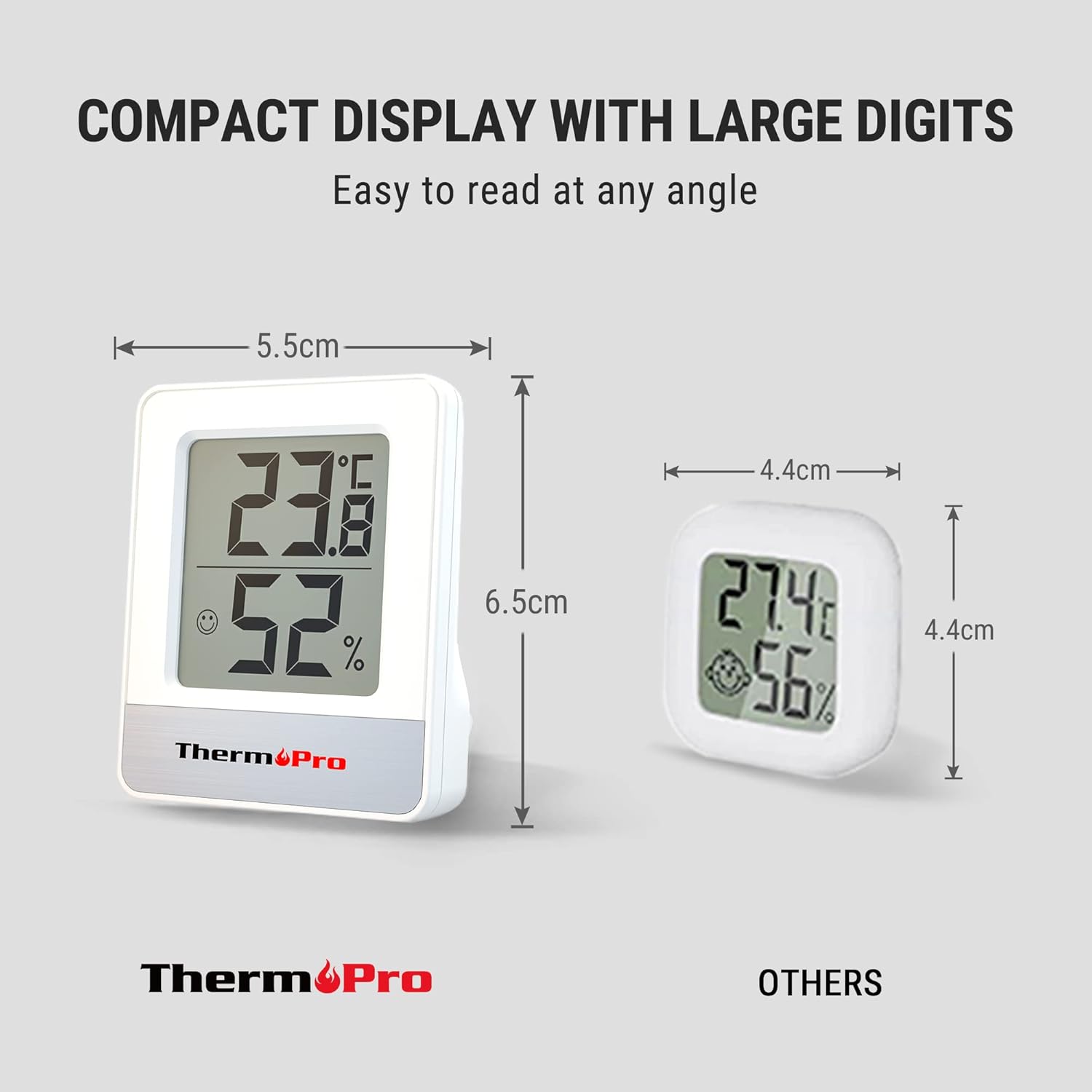 ThermoPro TP49 standing on its fold-out stand displaying temperature and humidity