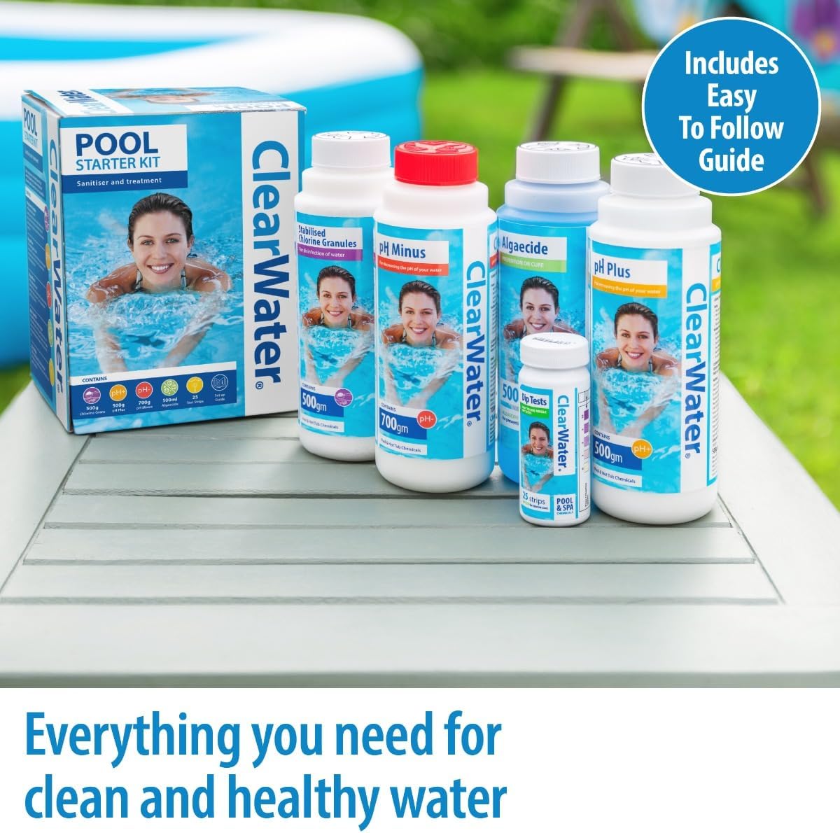 The chemicals, bottles and test strips included in the Clearwater starter kit