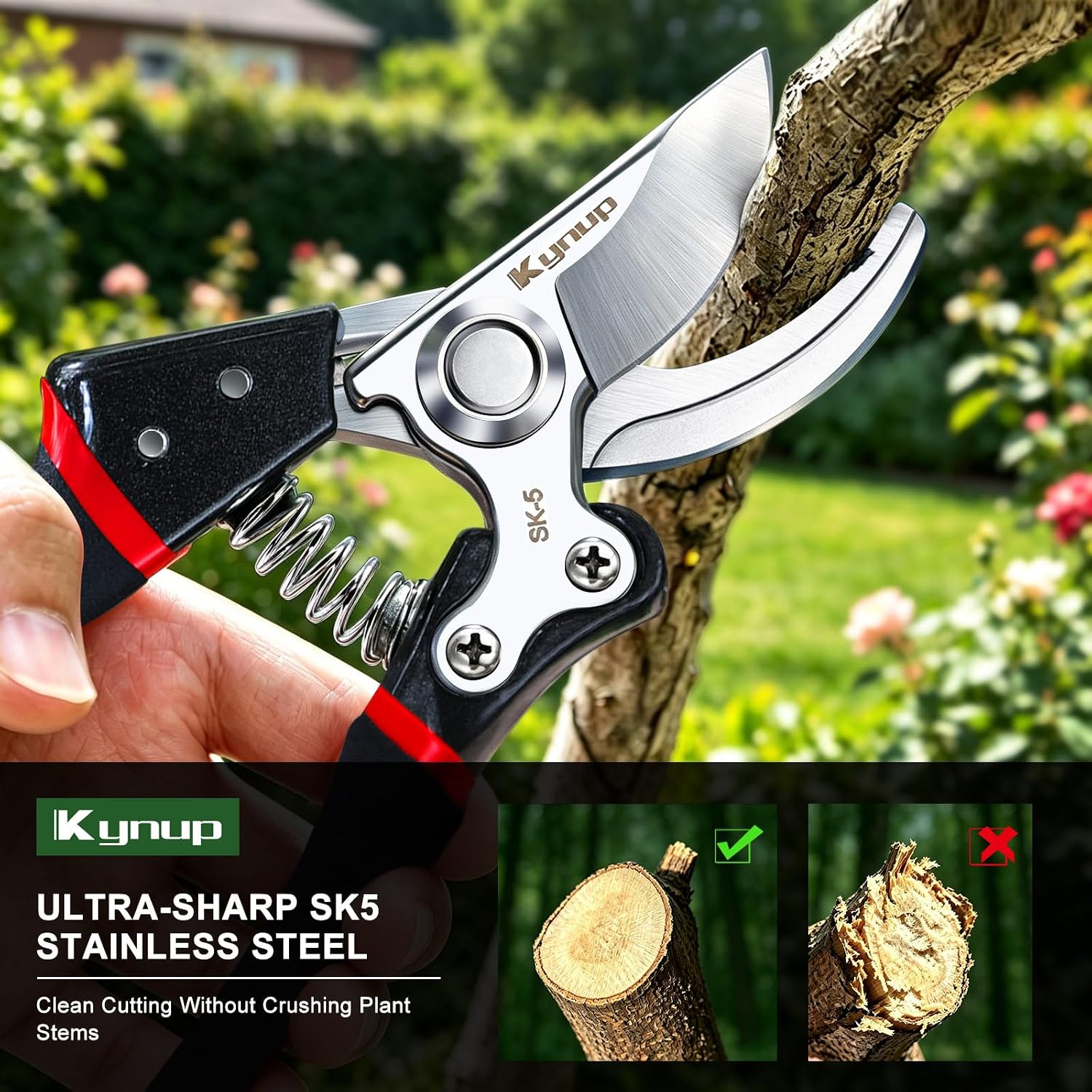 Close-up of the Kynup secateurs' sharpened SK-5 steel blade making a clean cut on a branch