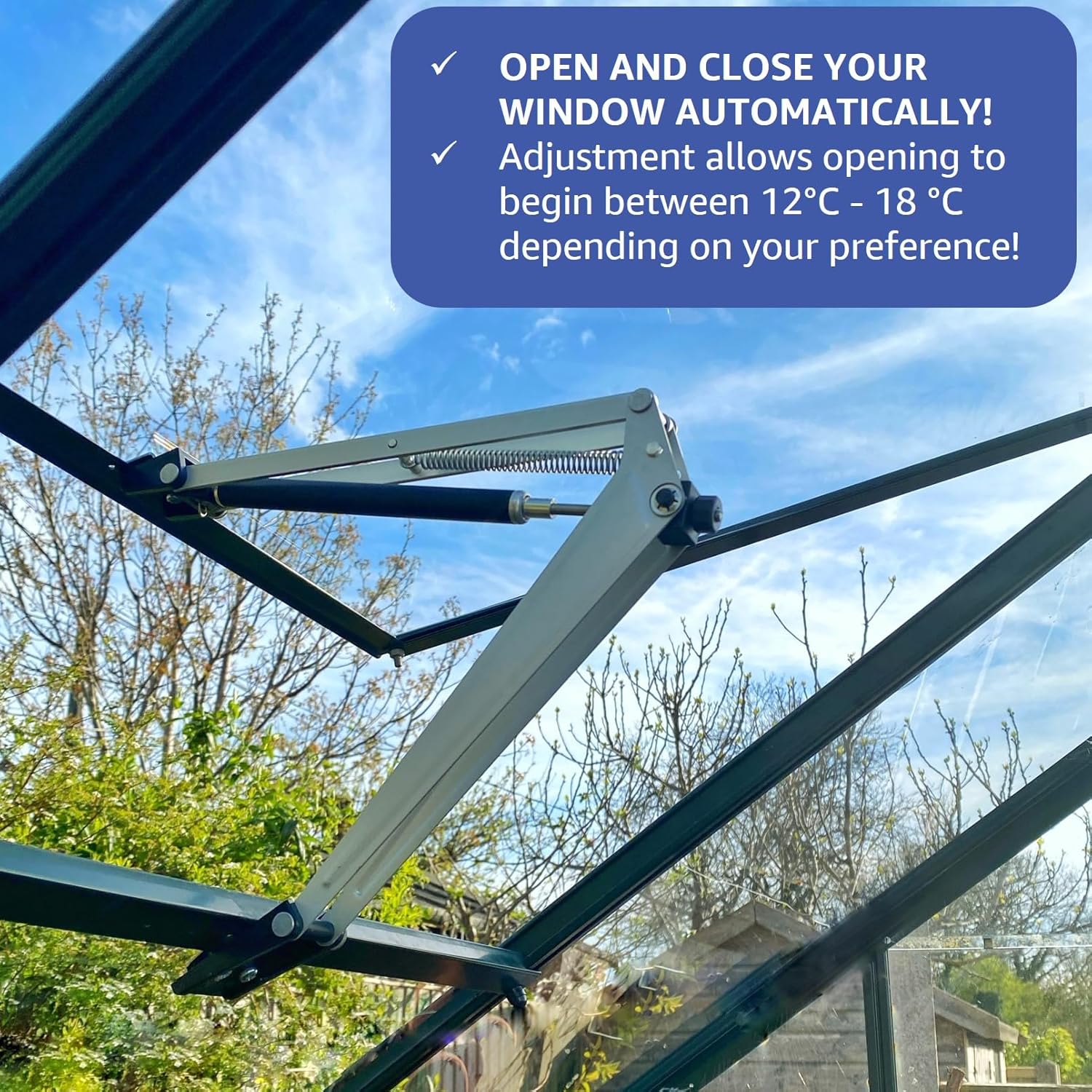 Bayliss XL Autovent fitted to a greenhouse roof vent under a blue sky, with the 12C to 18C adjustment range shown