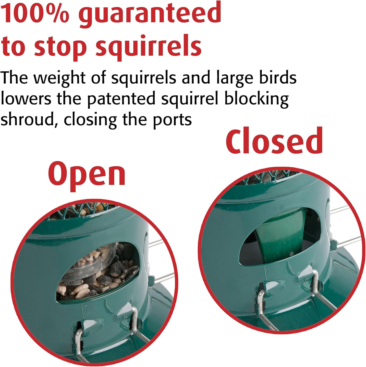 Diagram showing the Squirrel Buster feeding port open, and closed when the weight-activated shroud slides down
