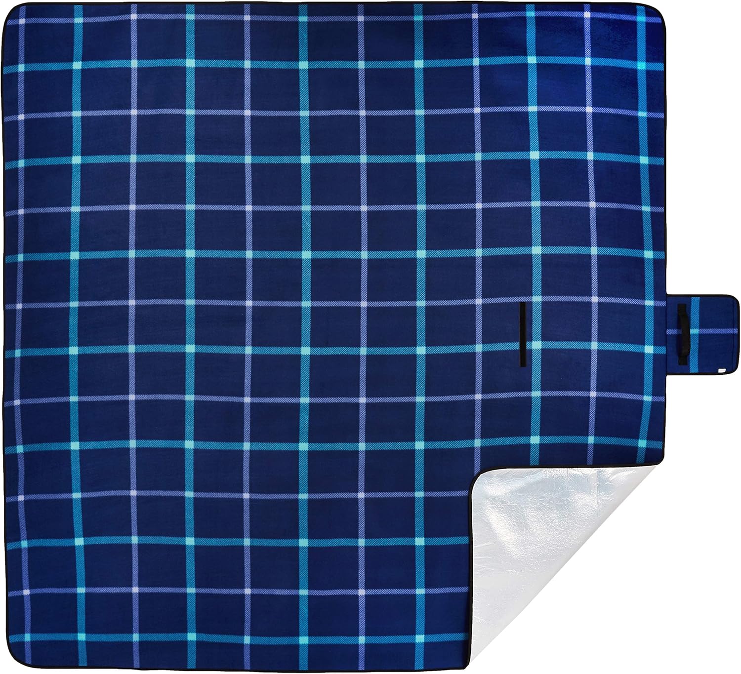 Amazon Basics picnic blanket laid flat showing the fold-out design next to the folded carry package with handle