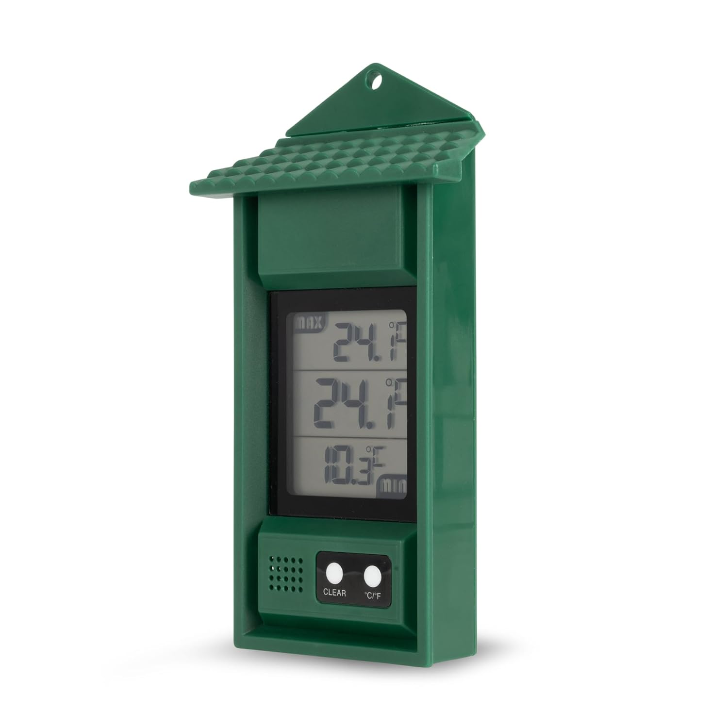 Angled view of the green ABS thermometer showing its pitched tiled roof, three-line LCD and the CLEAR and degrees C/F buttons